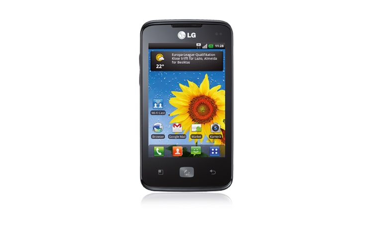 Vorderseite von Smartphone mit Wi-Fi Cast, DLNA-Zertifizierung, 5-Megapixel-Kamera und langer Akkulaufzeit E510 Optimus Hub