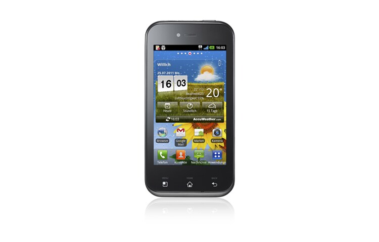 Vorderseite von Elegantes Smartphone mit 1-GHz-Prozessor, Flash-Unterstützung, DLNA-Zertifizierung und Wi-Fi Direct. E730 Optimus Sol