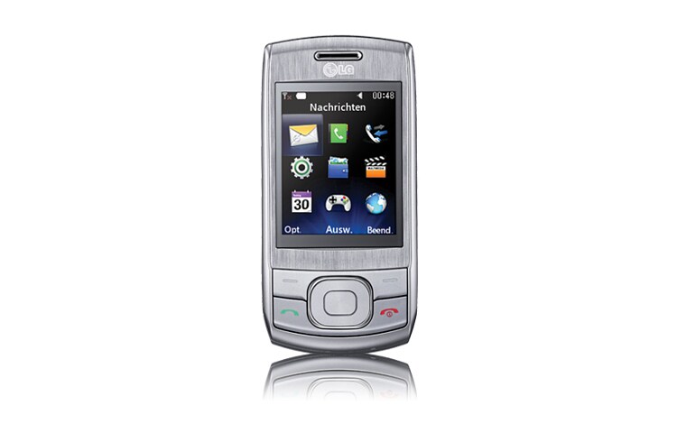 Vorderseite von Slider Handy mit gut lesbarem, großem 5.6 cm Display, Bluetooth sowie Multimediafunktionen mit Radio und MP3 Player GU230