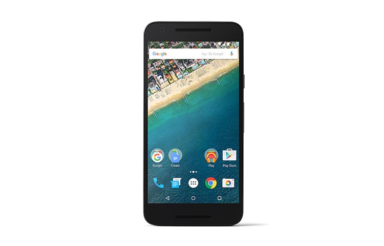 Vorderseite von Google Smartphone mit Android 6.0 Marshmallow, 1,8-GHz-Hexa-Core-Prozessor, 13,2 cm (5,2 Zoll) Full HD IPS-Display und 12,3-Megapixel-Kamera mit HDR&#43; Nexus 5X