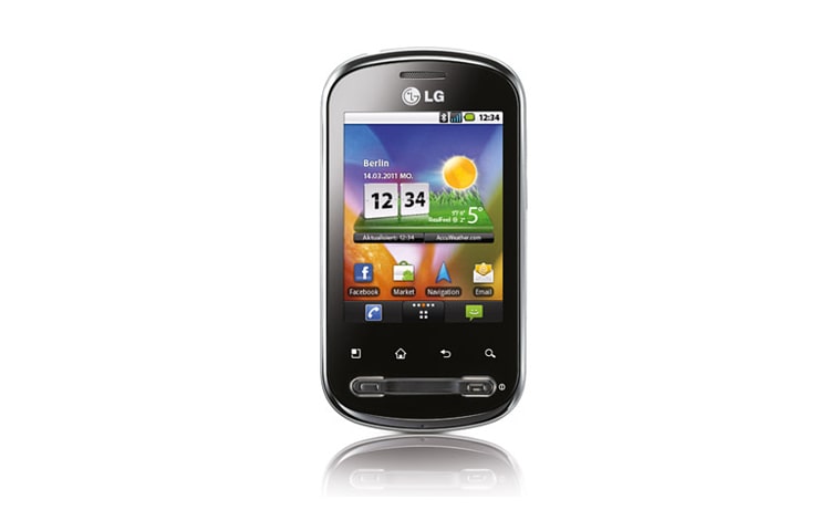 Vorderseite von Smartphone mit 7,11 cm (2.8“) kapazitivem Touchscreen, MP3 Player, 3,5mm Klinkenanschluss und Micro-SD Speicherslot für bis zu 32GB Speicher P350 OPTIMUS ME