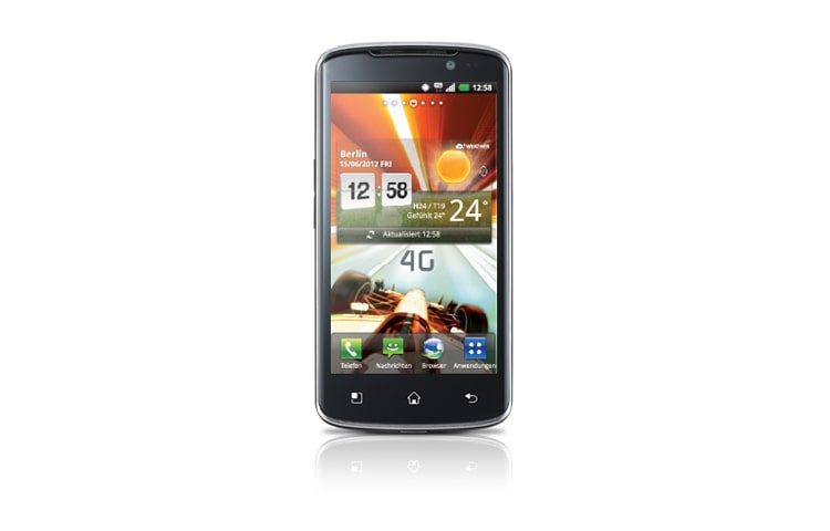 Vorderseite von Smartphone mit True HD-IPS-Display, 1,5 GHz Dual Core-Prozessor und bis zu 100 MBit/s Übertragunsleistung dank LTE P936 Optimus True HD LTE