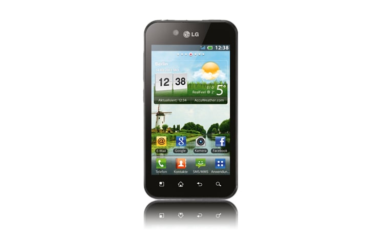 Vorderseite von Touchscreen Smartphone mit superhellem NOVA Display, langer Akkulaufzeit und Wi-Fi Direct Technologie P970 OPTIMUS BLACK