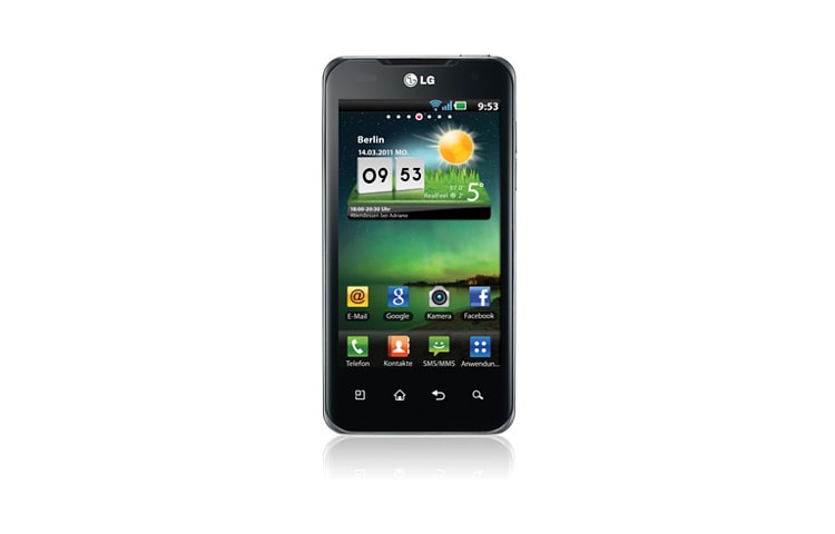 Vorderseite von Touchscreen Smartphone mit neuer NVIDIA Prozessor-Technik: NVIDIA Tegra 2 DualCore mit 2 x 1 Ghz, 10,16 cm (4,0&#34;) TFT-Display, 8 Megapixel Kamera und bis zu 40 GB Speicher P990 OPTIMUS SPEED