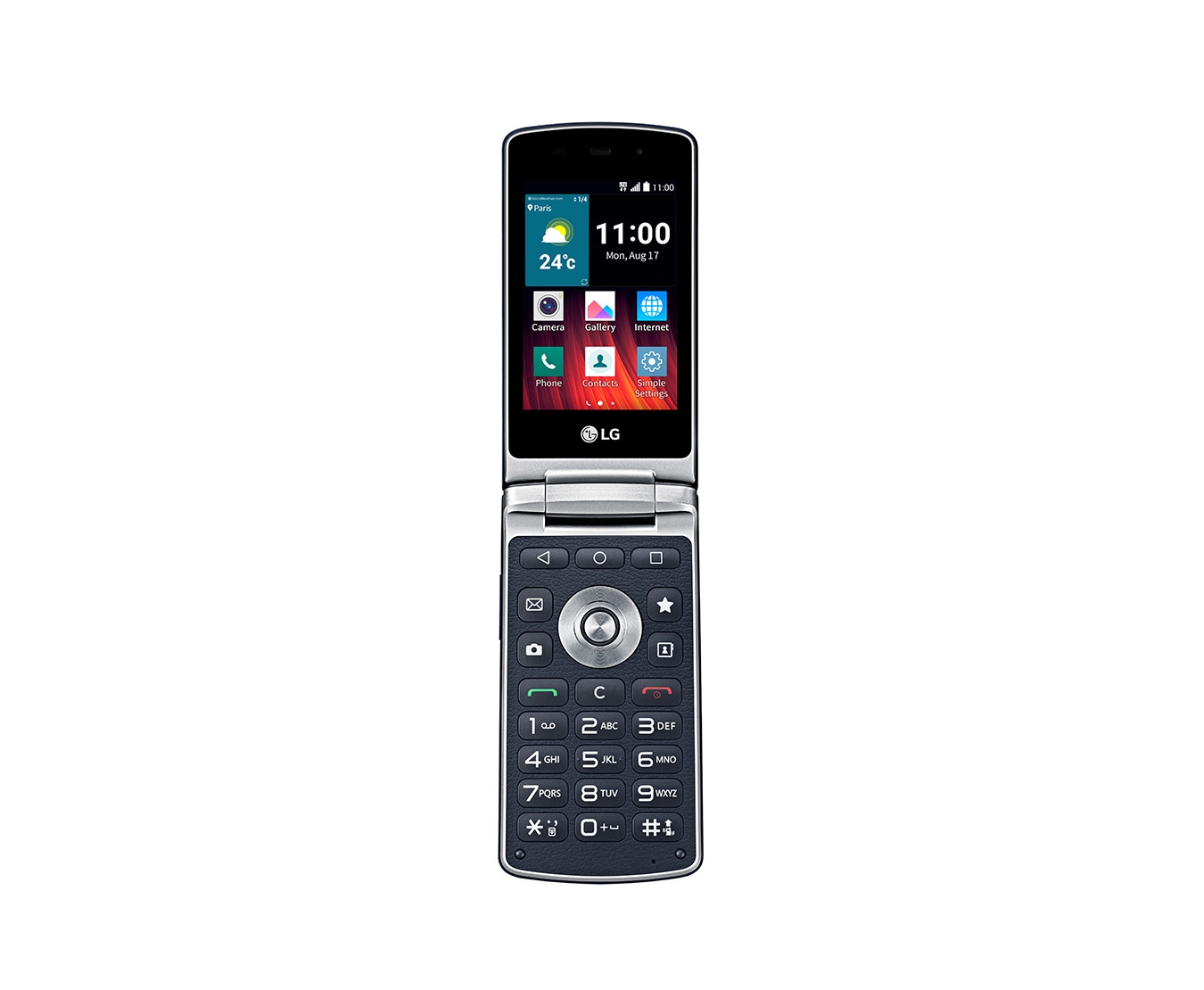 Vorderseite von Klapp-Handy mit Android™ 5.1 Lollipop Betriebssystem, fünf Funktionstasten und Notruffuntion WineSmart