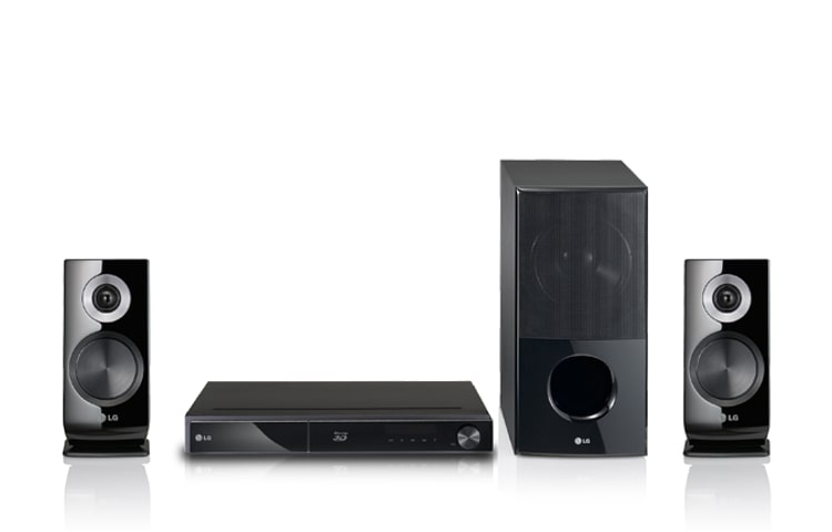 Vorderseite von Stylisches 3D-Blu-ray-Heimkinosystem mit LG Smart TV, Netzwerkanschluss, Unterstützung externer Festplatten und Dolby TrueHD HX906CB