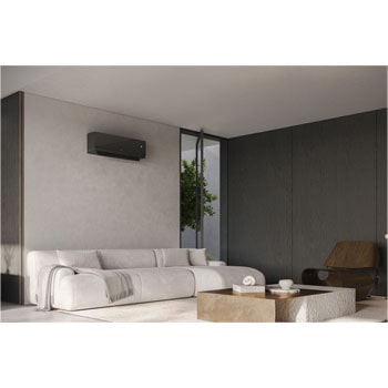 Modernes Wohnzimmerambiente mit stilvoll integrierter LG Klimaanlage an der Wand
