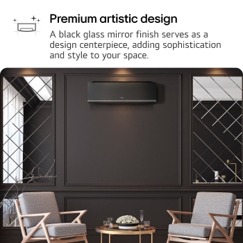 Ein moderner Raum mit einer schwarzen LG Klimaanlage an einer dunklen Wand, verspiegelten Paneelen und eleganten Sitzmöbeln. Der Text lautet: 'Premium Design: Eine schwarze Glas-Spiegelfläche dient als zentrales Designelement und verleiht Stil und Raffinesse.
