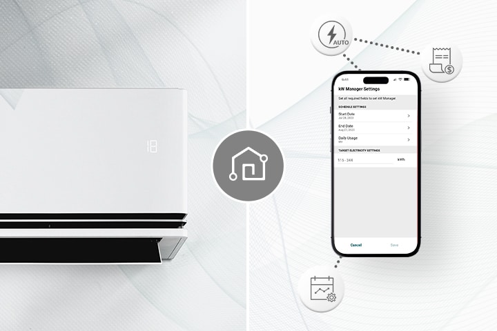 Eine Klimaanlage und ein Smartphone mit LG ThinQ™-Bildschirm. Rund um das Mobiltelefon werden Symbole angezeigt, die ThinQ-Funktionen vorstellen.