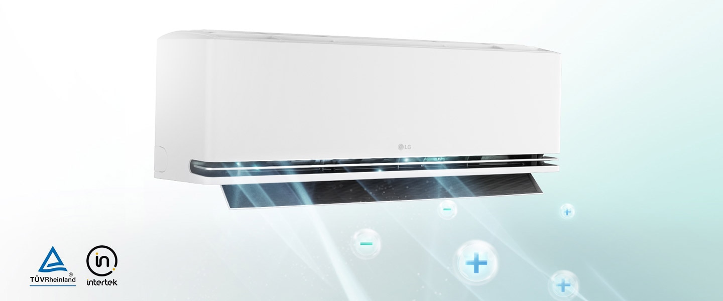 Durch den Plasmaster-Ionisator bewegen sich Blasen mit Plus- und Minuszeichen durch die Luft. Es gibt Plus-Minus-Ionenblasen, die Bakterien umgeben. Das Plasmaster Ionizer-Logo ist in der Ecke des Bildes zu sehen.