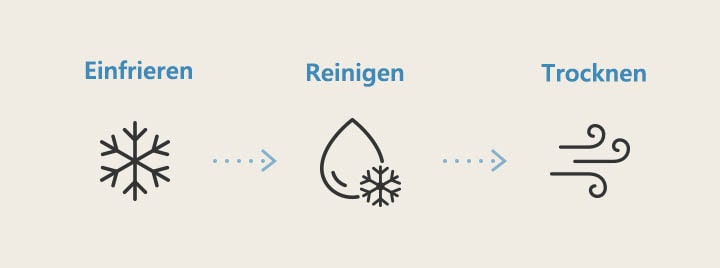 Das Symbol zeigt den Reinigungsvorgang des Innenraums der Klimaanlage mit der Gefrierreinigungsfunktion. (Einfrieren, Reinigen und Trocknen)