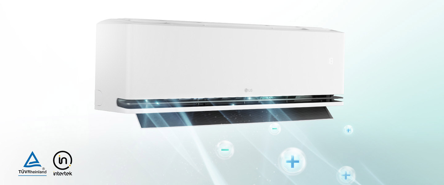 Durch den Plasmaster-Ionisator bewegen sich Blasen mit Plus- und Minuszeichen durch die Luft. Es gibt Plus-Minus-Ionenblasen, die Bakterien umgeben. Das Plasmaster Ionizer-Logo ist in der Ecke des Bildes zu sehen.