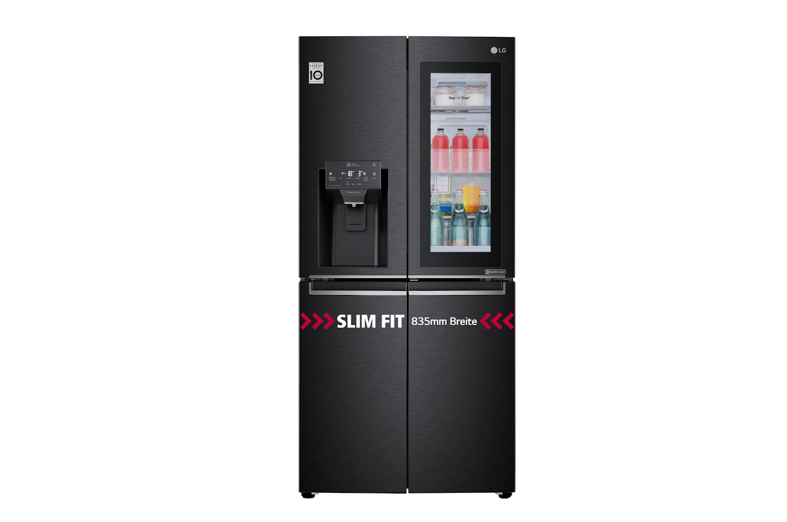 Vorderseite von Multi-Door mit InstaView Door-in-Door ®  | Eis-, Crushed Ice- und Wasserspender | 508 Liter Kapazität | Energieeffizienzklasse F | Festwasseranschluss | Matte Black Stainless | GMX844MCKV GMX844MCKV