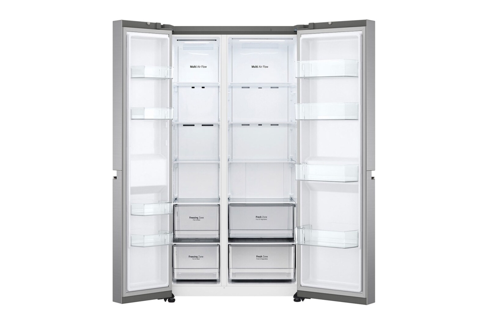 LG Side-by-Side mit Multi-Airflow Umluftkühlung | 655 Liter Kapazität | Energieeffizienzklasse E | Express Freeze | Platinum Silver | GSBV70PZTE, GSBV70PZTE