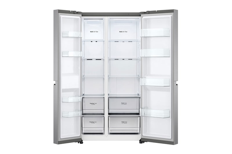 LG Side-by-Side mit Multi-Airflow Umluftkühlung | 655 Liter Kapazität | Energieeffizienzklasse E | Express Freeze | Platinum Silver | GSBV70PZTE, GSBV70PZTE