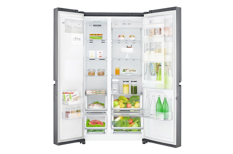 LG Side-by-Side mit Door-in-Door ® | Eis-, Crushed Ice- und Wasserspender | 625 Liter Kapazität | Energieeffizienzklasse F | Interner Wassertank 4L | Steel | GSJ761PZBG, GSJ761PZBG