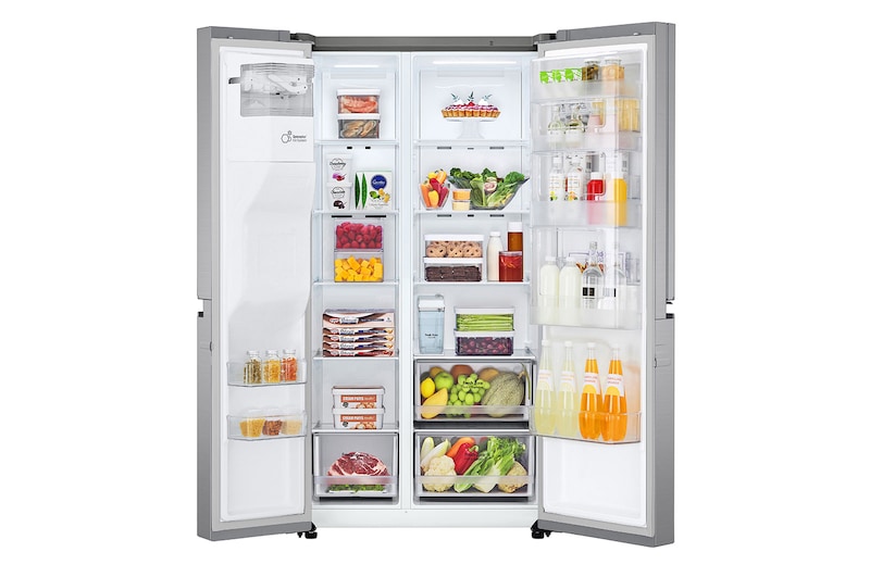 LG Side-by-Side mit Door-in-Door ® | Eis-, Crushed Ice- und Wasserspender | 634 Liter Kapazität | Energieeffizienzklasse F | Interner Wassertank 4L | Platinum Silver |  GSJV31PZXF , GSJV31PZXF