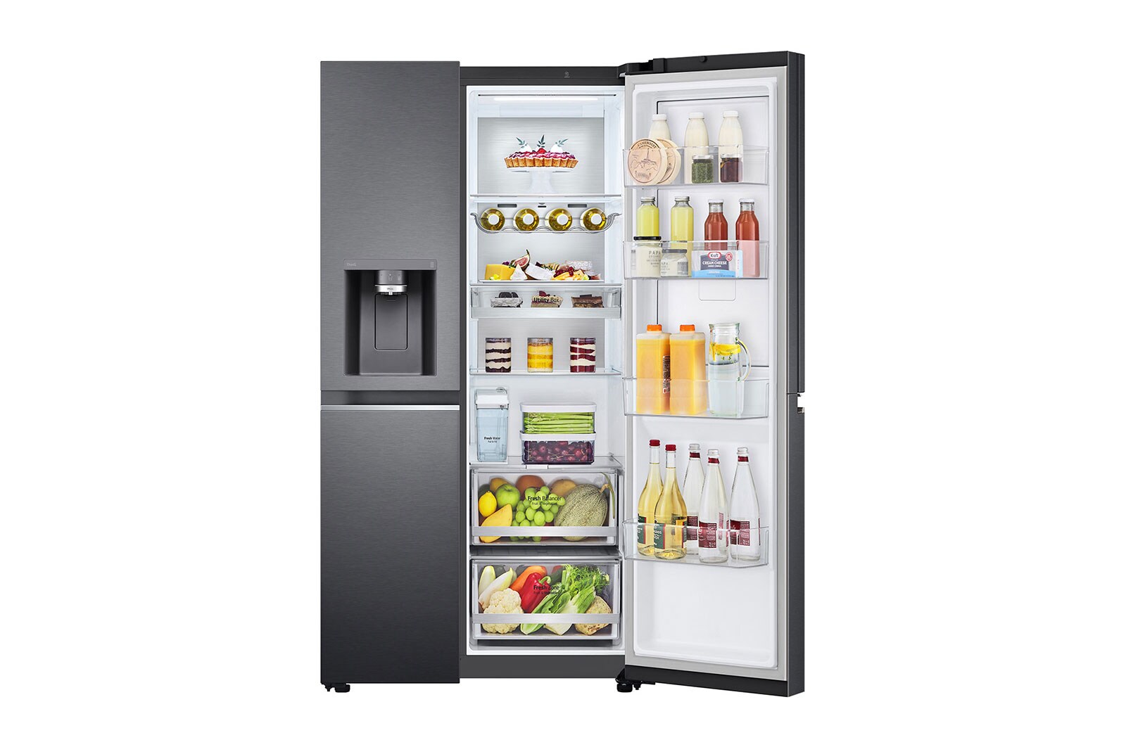 LG Side-by-Side mit Door-in-Door® |  Eis-, Crushed Ice- und Wasserspender  | 635 Liter Kapazität | Energieeffizienzklasse E | Interner Wassertank 4L | Matte Black Steel | GSJV91MCAE, GSJV91MCAE