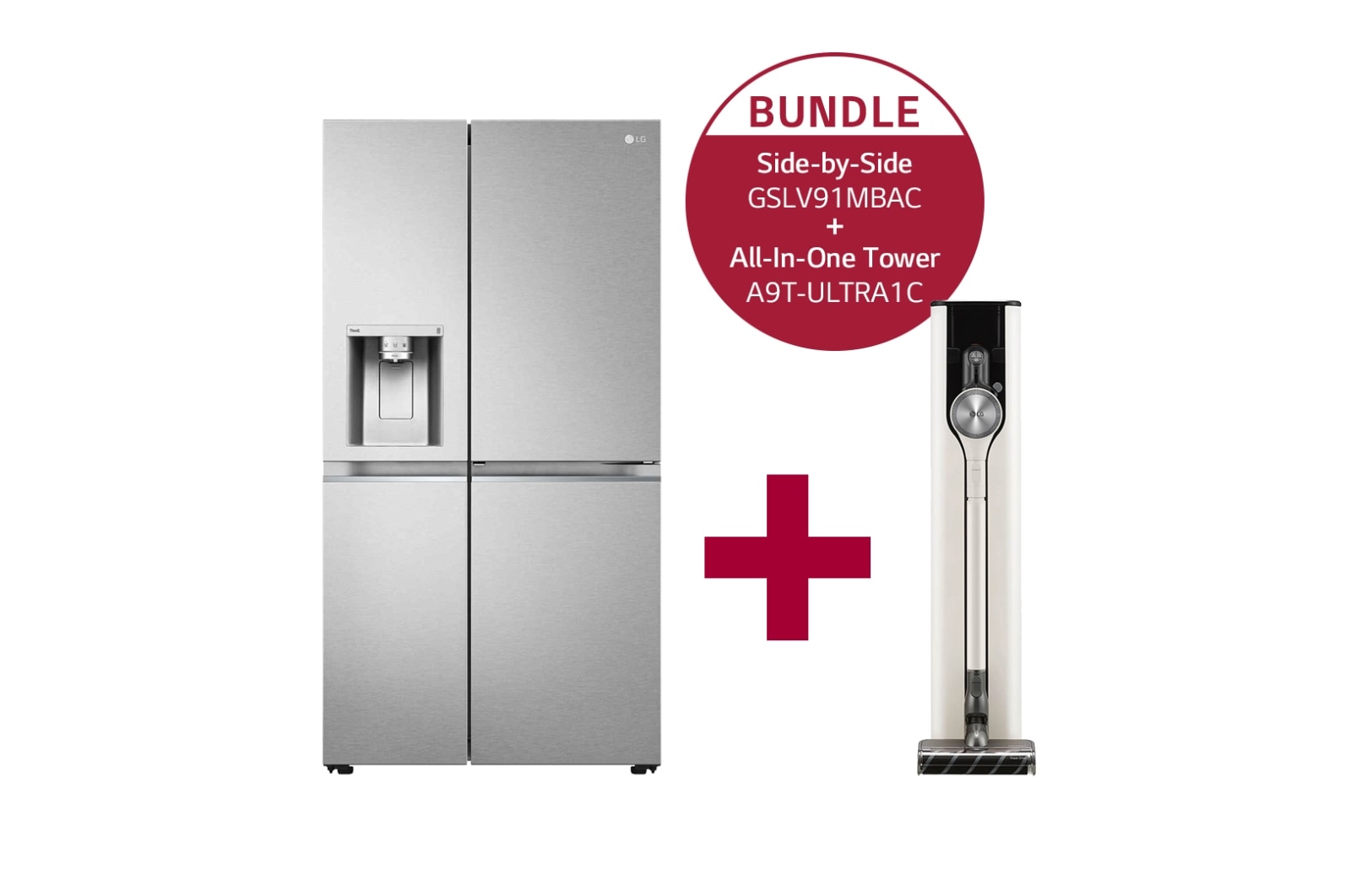 Vorderseite von Side-by-Side mit Eis-, Crushed Ice- und Wasserspender | 634 Liter Kapazität  | Energieeffizienzklasse C | Interner Wassertank 4L | Metal Sorbet | GSLV91MBAC &amp;  All-In-One Tower mit zwei Akkus I Calming Beige I Automatische Absaugung von Staub im Staubbehälter I LG CordZero® GSLV91MBAC.A9T1C