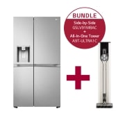Vorderseite von Side-by-Side mit Eis-, Crushed Ice- und Wasserspender | 634 Liter Kapazität  | Energieeffizienzklasse C | Interner Wassertank 4L | Metal Sorbet | GSLV91MBAC &amp;  All-In-One Tower mit zwei Akkus I Calming Beige I Automatische Absaugung von Staub im Staubbehälter I LG CordZero® GSLV91MBAC.A9T1C