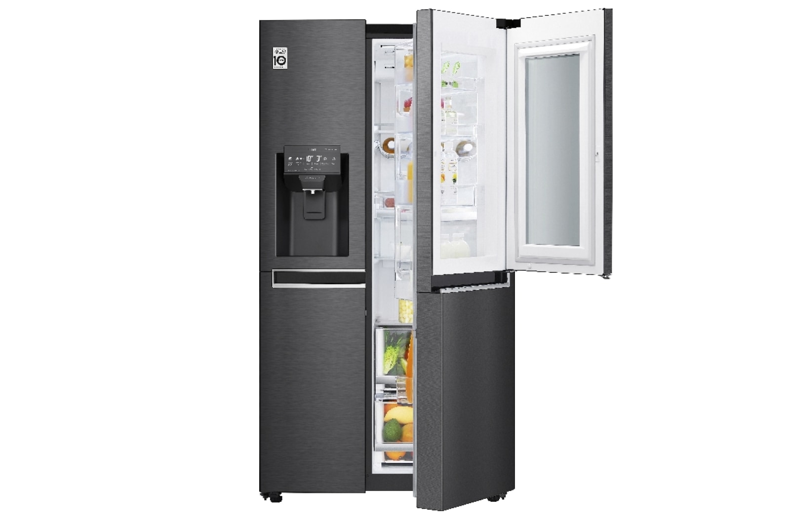 LG ​​Side-by-Side mit InstaView Door-in-Door ®  | Eis-, Crushed Ice- und Wasserspender  | ​625​ Liter Kapazität | Energieeffizienzklasse ​F​ | ​Festwasseranschluss | Matte Black Steel​​ | ​GSX960MCVZ, GSX960MCVZ