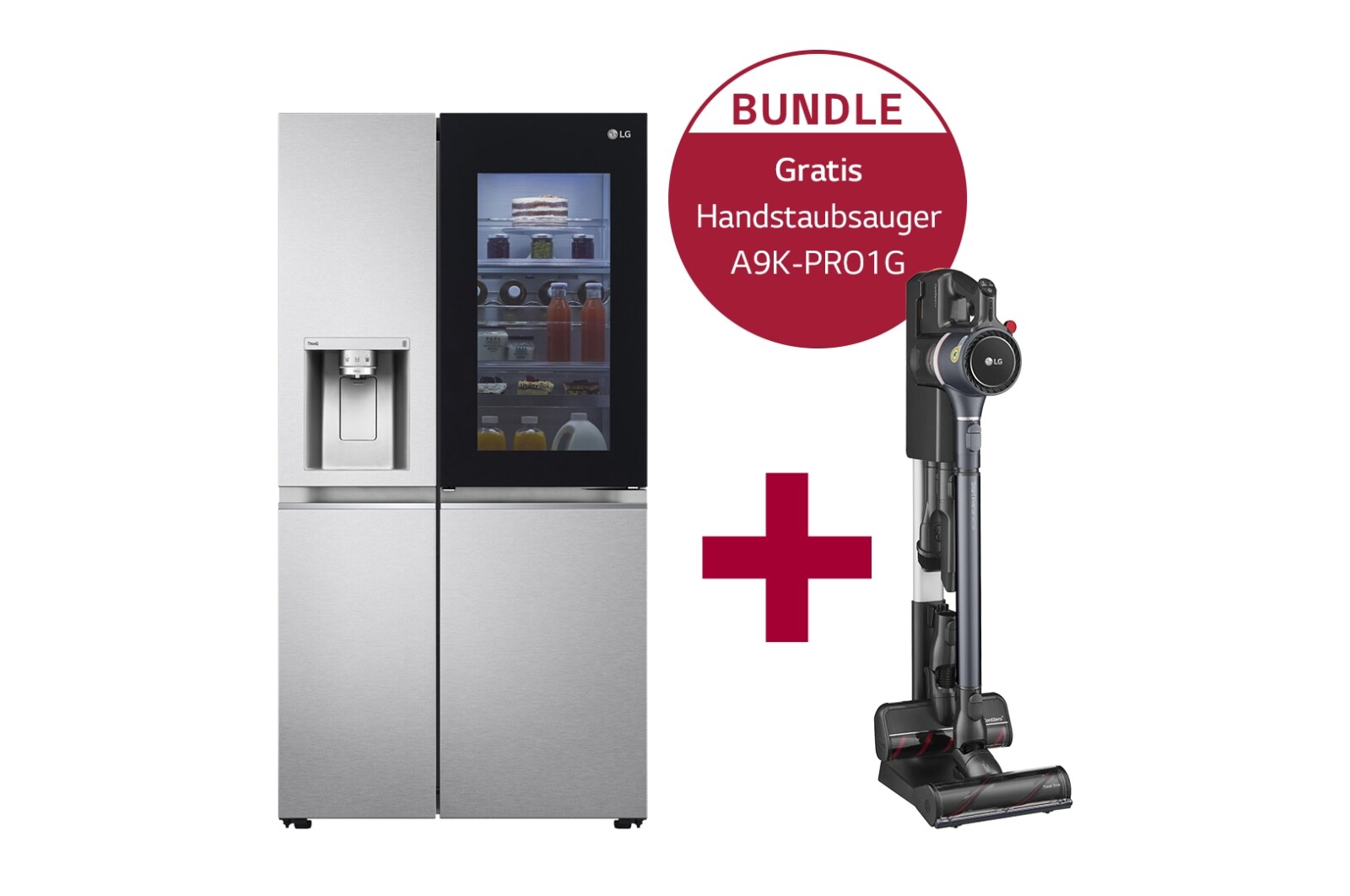 Vorderseite von Side-by-Side mit InstaView Door-in-Door ® GSXD91MBAE &amp; Handstaubsauger mit zwei Akkus I Iron Grey I LG CordZero® A9K-PRO1G GSXD91MBAE.A9K1G