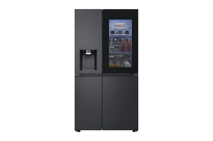 Vorderansicht von Side-by-Side Kühlschrank mit InstaView® (D, 628L, 179cm hoch) mit Eis-, Crushed Ice- und Wasserspender & internem Wassertank | GSXE91EVAD