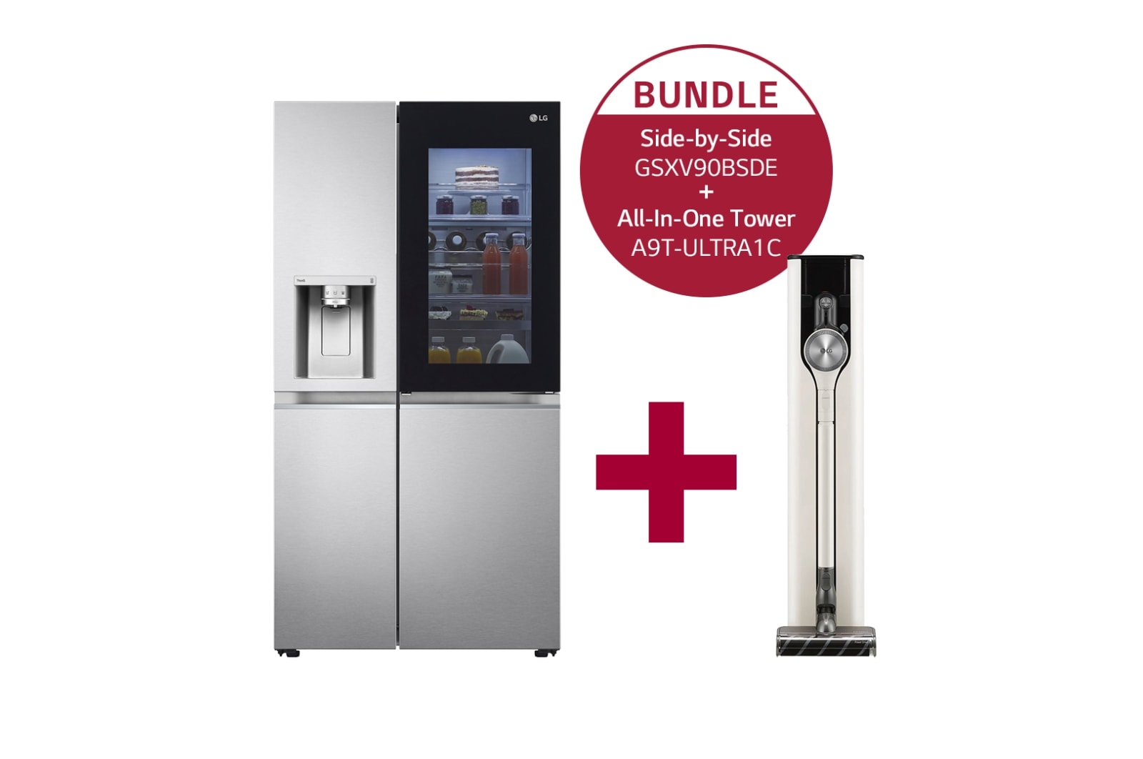 Vorderseite von Side-by-Side Kühlschrank mit InstaView Door-in-Door® (E, 635L,179cm hoch) &amp; Staubsauger All-In-One Tower im Set | GSXV90BSDE.A9T1C GSXV90BSDE.A9T1C