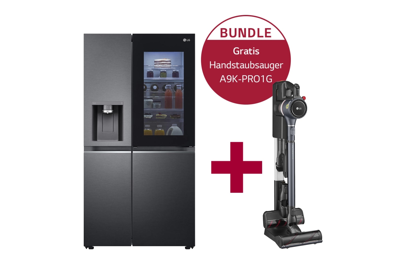 Vorderseite von Side-by-Side mit InstaView Door-in-Door® GSXV90MCDE &amp; Handstaubsauger mit zwei Akkus I Iron Grey I LG CordZero® A9K-PRO1G GSXV90MCDE.A9K1G