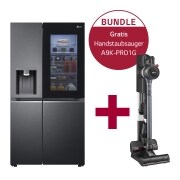 Vorderseite von Side-by-Side mit InstaView Door-in-Door® GSXV90MCDE &amp; Handstaubsauger mit zwei Akkus I Iron Grey I LG CordZero® A9K-PRO1G GSXV90MCDE.A9K1G