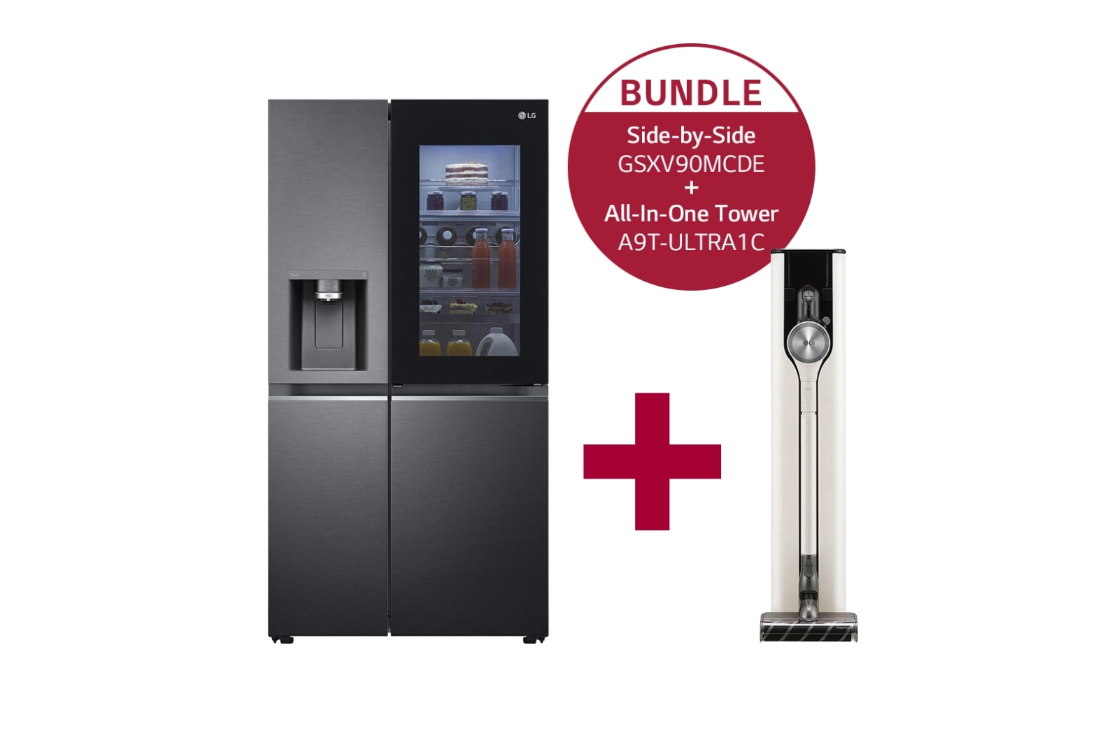 Vorderseite von Side-by-Side Kühlschrank mit InstaView Door-in-Door® (E, 635L, 179cm hoch) &amp; Staubsauger All-In-One Tower im Set | GSXV90MCDE.A9T1C GSXV90MCDE.A9T1C