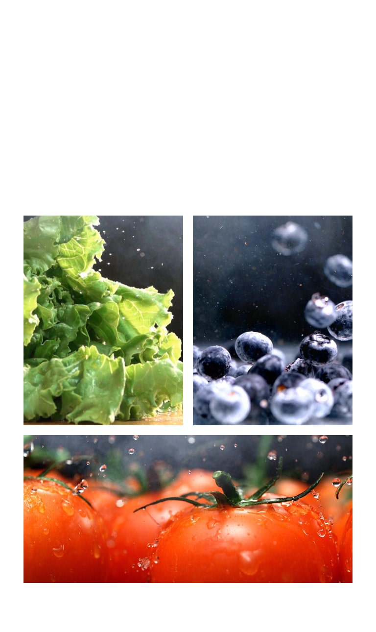 Eine Nahaufnahme von Wasser, das von knackigem grünem Salat tropft, befindet sich neben einer Nahaufnahme von Wasser, das auf frische rote Tomaten fällt, sowie neben einem Video von glänzenden nassen Blaubeeren, die bewegt werden.