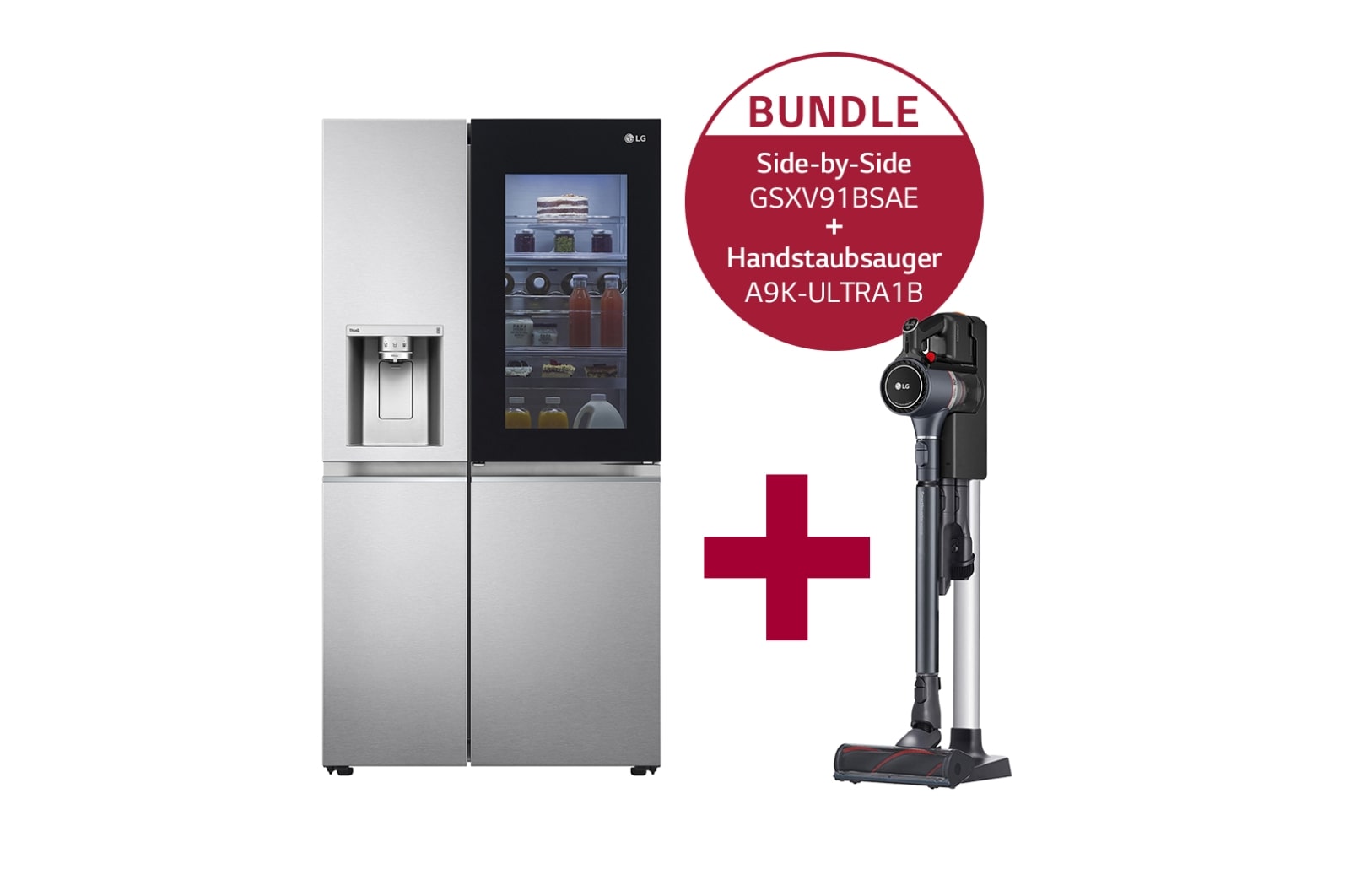 Vorderseite von Side-by-Side mit InstaView Door-in-Door ™ | Eis-, Crushed Ice- und Wasserspender | 635 Liter Kapazität | Interner Wassertank 4L | Brushed Steel | GSXV91BSAE &amp; Handstaubsauger mit zwei Akkus I Full Black I Wischaufsatz I LG CordZero® A9K-ULTRA1B GSXV91BSAE.A9K1B