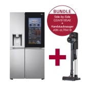 Vorderseite von Side-by-Side mit InstaView Door-in-Door ™ | Eis-, Crushed Ice- und Wasserspender | 635 Liter Kapazität | Interner Wassertank 4L | Brushed Steel | GSXV91BSAE &amp; Handstaubsauger mit zwei Akkus I Full Black I Wischaufsatz I LG CordZero® A9K-ULTRA1B GSXV91BSAE.A9K1B