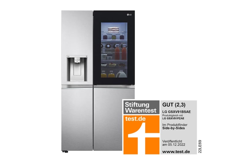 LG Side-by-Side Kühlschrank mit InstaView Door-in-Door® (E, 635L, 179cm hoch) mit Eis-, Crushed Ice- und Wasserspender & internem Wassertank | GSXV91BSAE , GSXV91BSAE