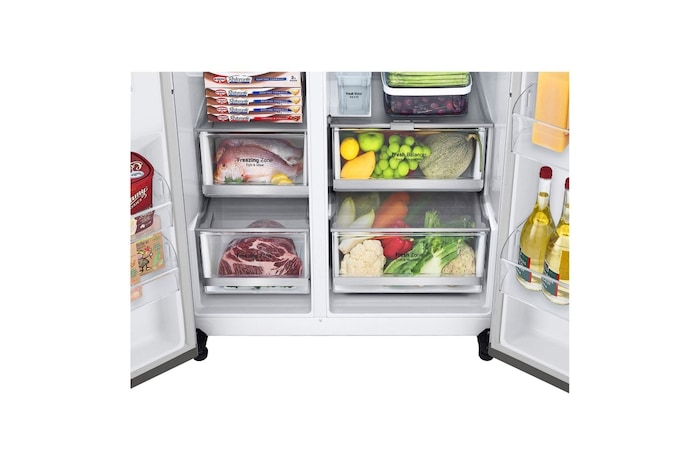 LG Side-by-Side mit InstaView Door-in-Door® | Eis-, Crushed Ice- und Wasserspender | 635 Liter Kapazität | Energieeffizienzklasse E | Interner Wassertank 4L | Metal Sorbet |, GSXV91MBAE.AMBQEUR
