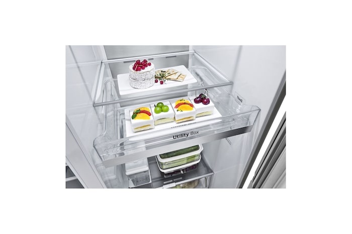 LG Side-by-Side mit InstaView Door-in-Door® | Eis-, Crushed Ice- und Wasserspender | 635 Liter Kapazität | Energieeffizienzklasse E | Interner Wassertank 4L | Metal Sorbet |, GSXV91MBAE.AMBQEUR