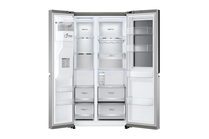 LG Side-by-Side mit InstaView Door-in-Door® | Eis-, Crushed Ice- und Wasserspender | 635 Liter Kapazität | Energieeffizienzklasse E | Interner Wassertank 4L | Metal Sorbet |, GSXV91MBAE.AMBQEUR
