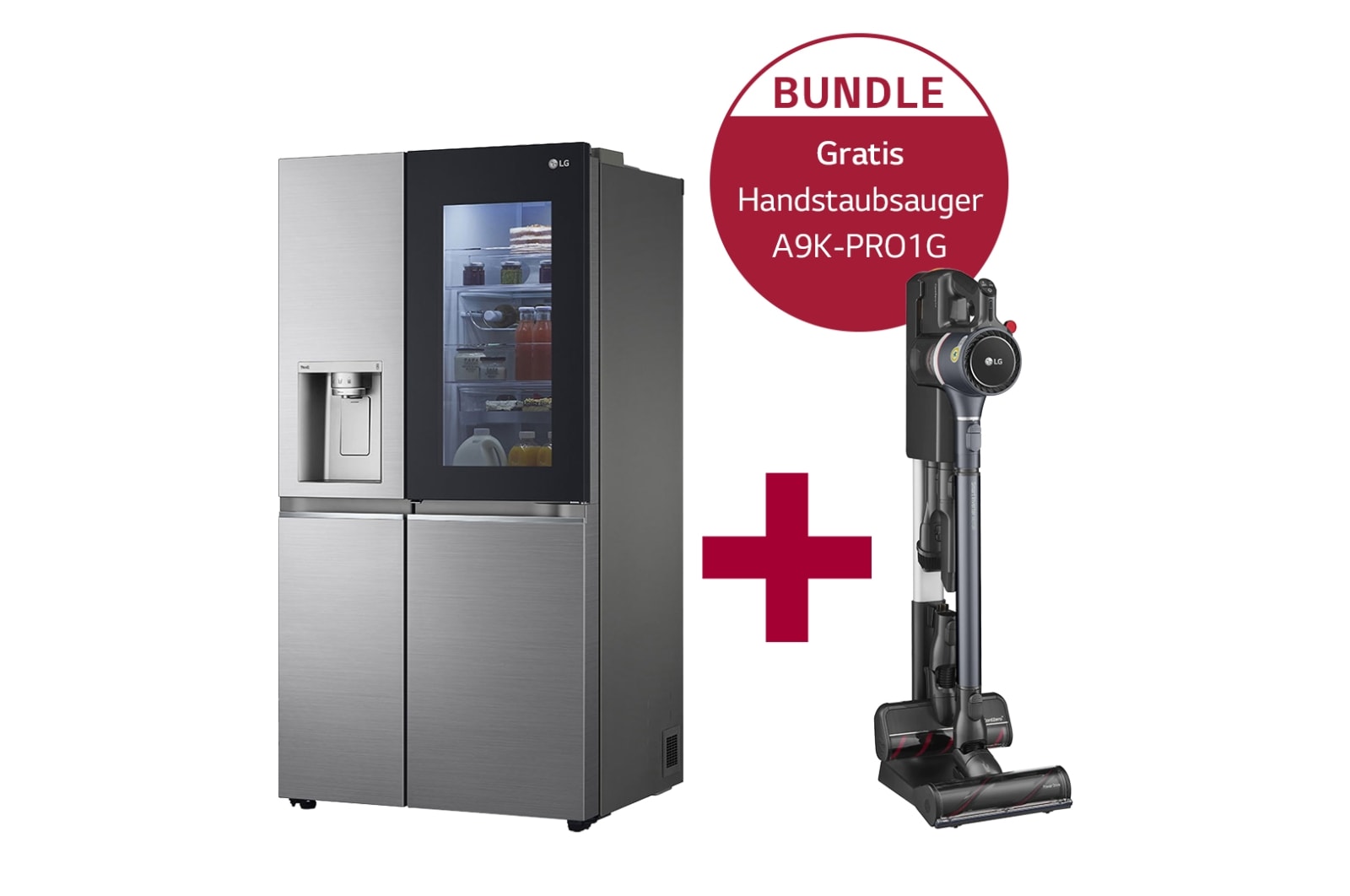 Vorderseite von Side-by-Side mit InstaView Door-in-Door® GSXV91PZAE & Handstaubsauger mit zwei Akkus I Iron Grey I LG CordZero® A9K-PRO1G GSXV91PZAE.A9K1G