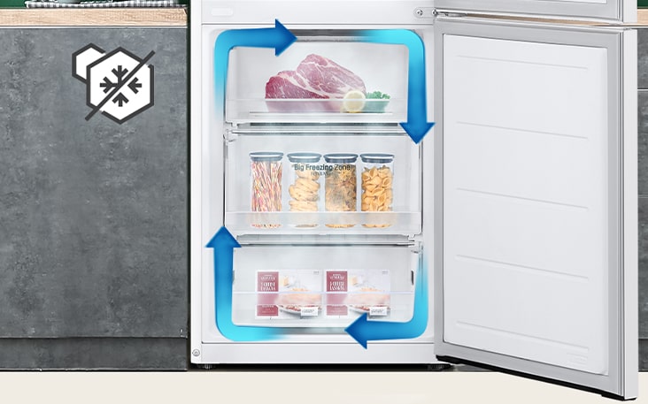 No-Frost-Gefrierschrank mit gleichmäßiger Kühlung und zirkulierender Kaltluft, um Lebensmittel in allen Ecken frisch zu halten.	
