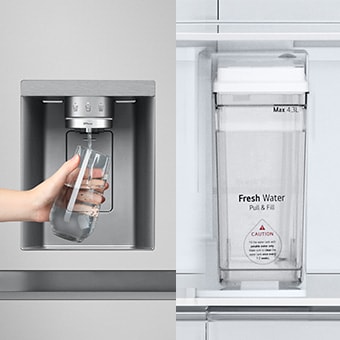 Der Kühlschrank verfügt über zwei separate Kartuschen mit austauschbaren Wasserfiltern und einen erweiterten Wasserspender.