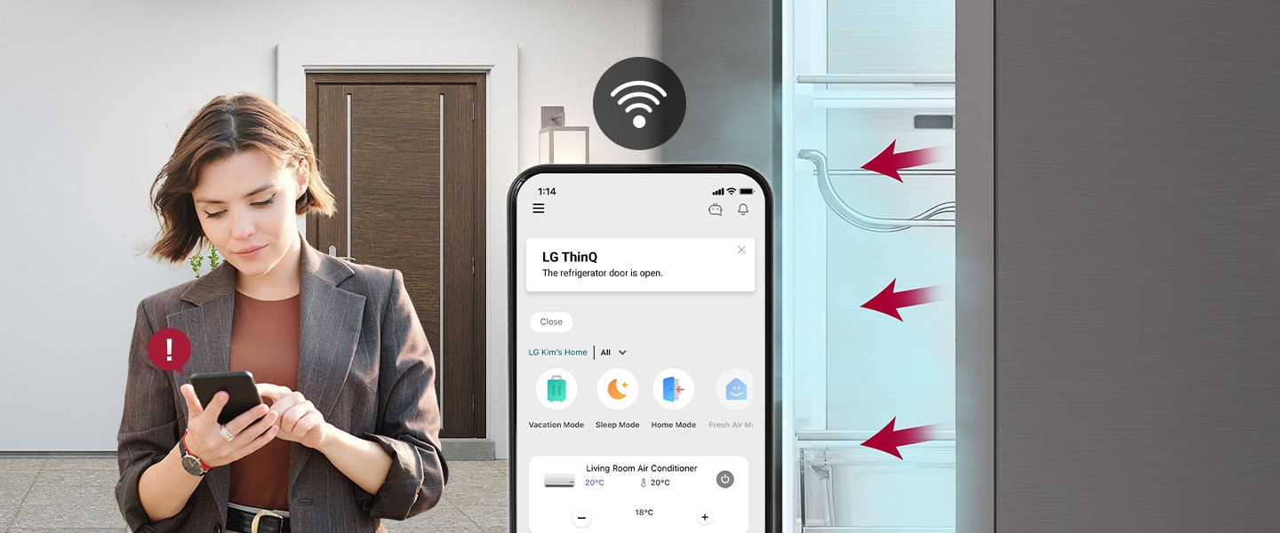 Auf der linken Seite kommt die Frau nach Hause und prüft mit dem Smartphone den Zustand des Kühlschranks. In der Mitte ist ein Smartphone-Bildschirm zu sehen. Auf der rechten Seite ist der Kühlschrank geöffnet und der kühlende Wind kommt aus der Tür.
