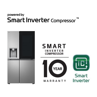 Produktabbildung mit Smart Inverter Compressor®-Logo  und „10 Jahre Garantie“-Logo.