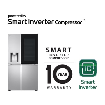 Produktabbildung mit Smart Inverter Compressor™-Logo  und „10 Jahre Garantie“-Logo.