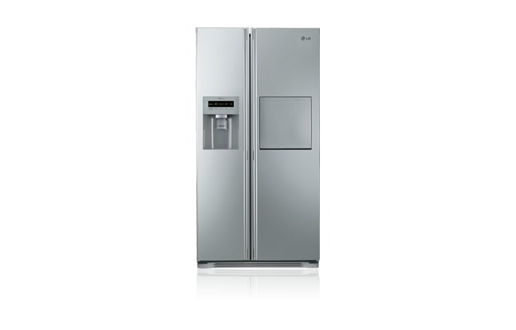 Vorderseite von Side-by-Side-Kühlschrank mit Brushed Steel-Front, Eis- und Wasserspender, Barfach und Total No Frost-Technologie GS3159AEAV1