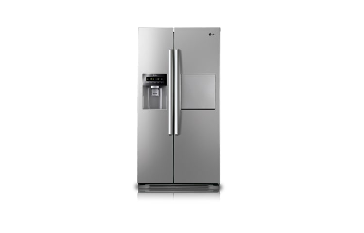 Vorderseite von Side-by-Side mit puristischem Design und edler Premium Platinum-Front, Eis-, Crushed Eis- und Wasserspender sowie Soft Touch-Barfach GS3159PVAV
