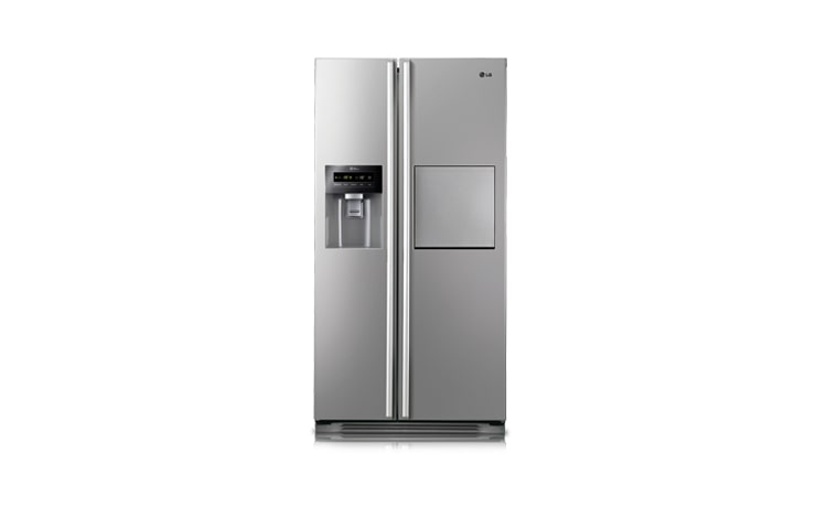 Vorderseite von Side-by-Side mit puristischem Design und edler Premium Platinum-Front, Eis-, Crushed Eis- und Wasserspender sowie Soft Touch-Barfach GS3159PVAV1