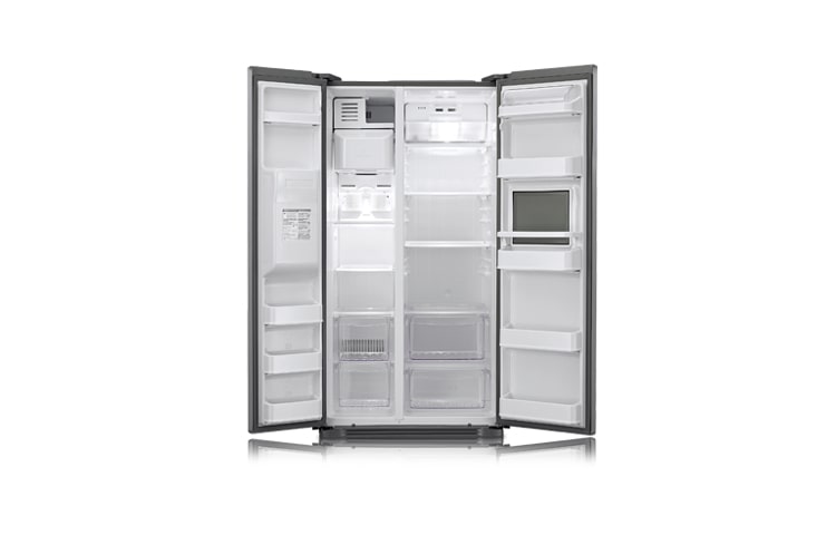 LG Side-by-Side mit puristischem Design und edler Premium Platinum-Front, Eis-, Crushed Eis- und Wasserspender sowie Soft Touch-Barfach, GS3159PVAV1
