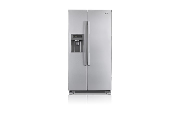 Vorderseite von LG Side-by-Side mit Energieeffizienzklasse A&#43; , edler Premium Platinum-Front sowie Eis- und Wasserspender – ideal auch für Crushed Ice. GS3159PVEV