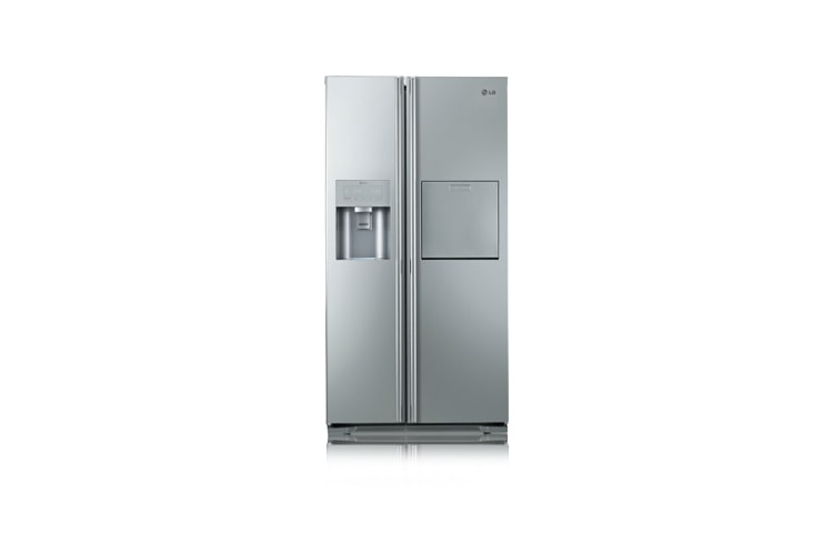 Vorderseite von Side-by-Side in Brushed Steel-Optik mit 527 Liter Nutzinhalt, Eis- und Wasserspender und Soft Touch-Barfach GS5162AEEV